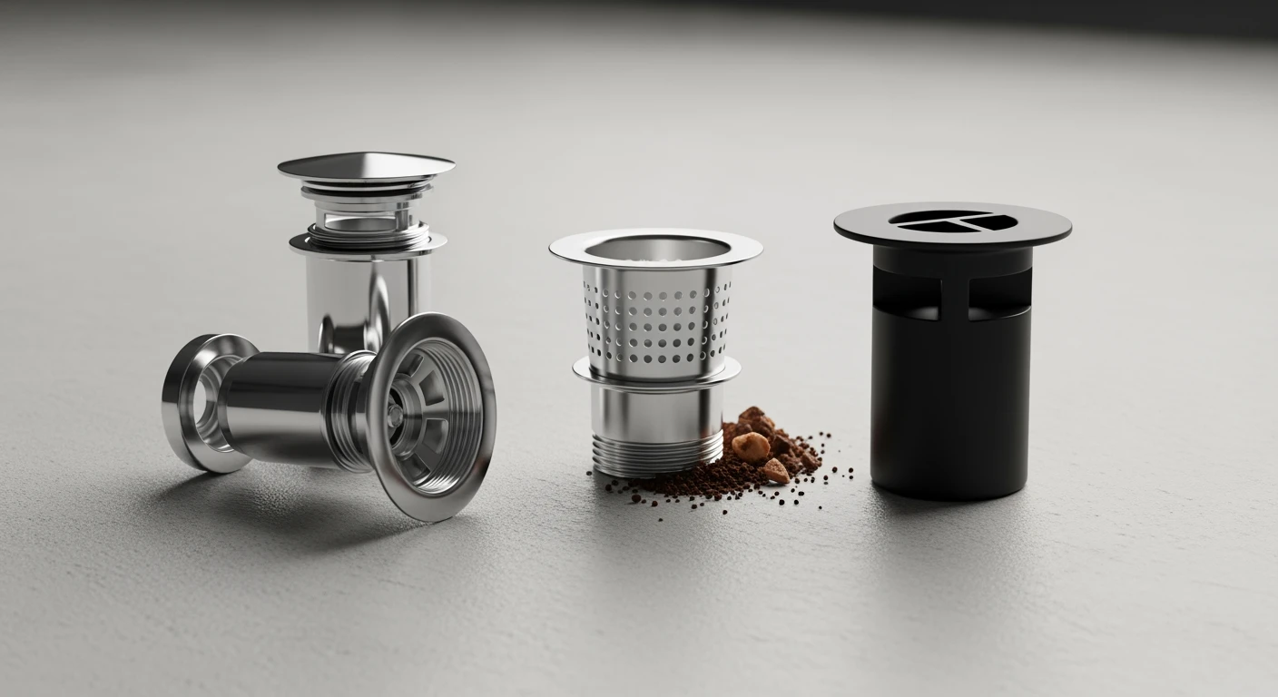 Afvoerplug: 3 types (pop-up, korfplug, design) in chroom, rvs en mat zwart.