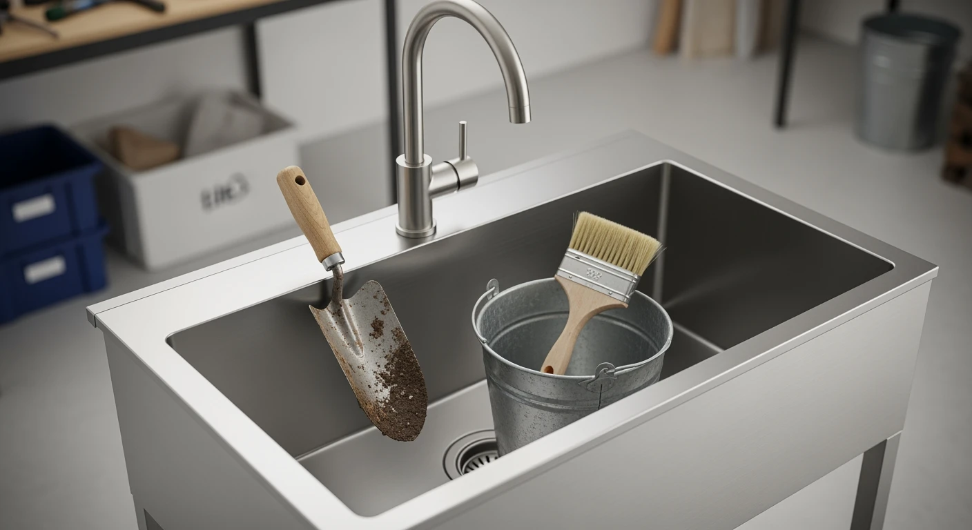 RVS uitstortgootsteen met tuintjeel en verfkwast. Praktisch en ruim.