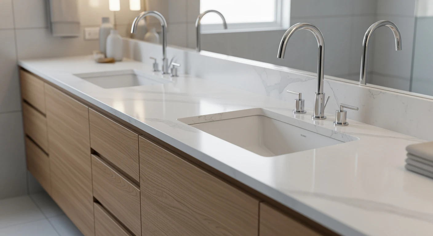 Moderne dubbele wastafel in lichte badkamer. Strak design met quartz blad en houten lades.