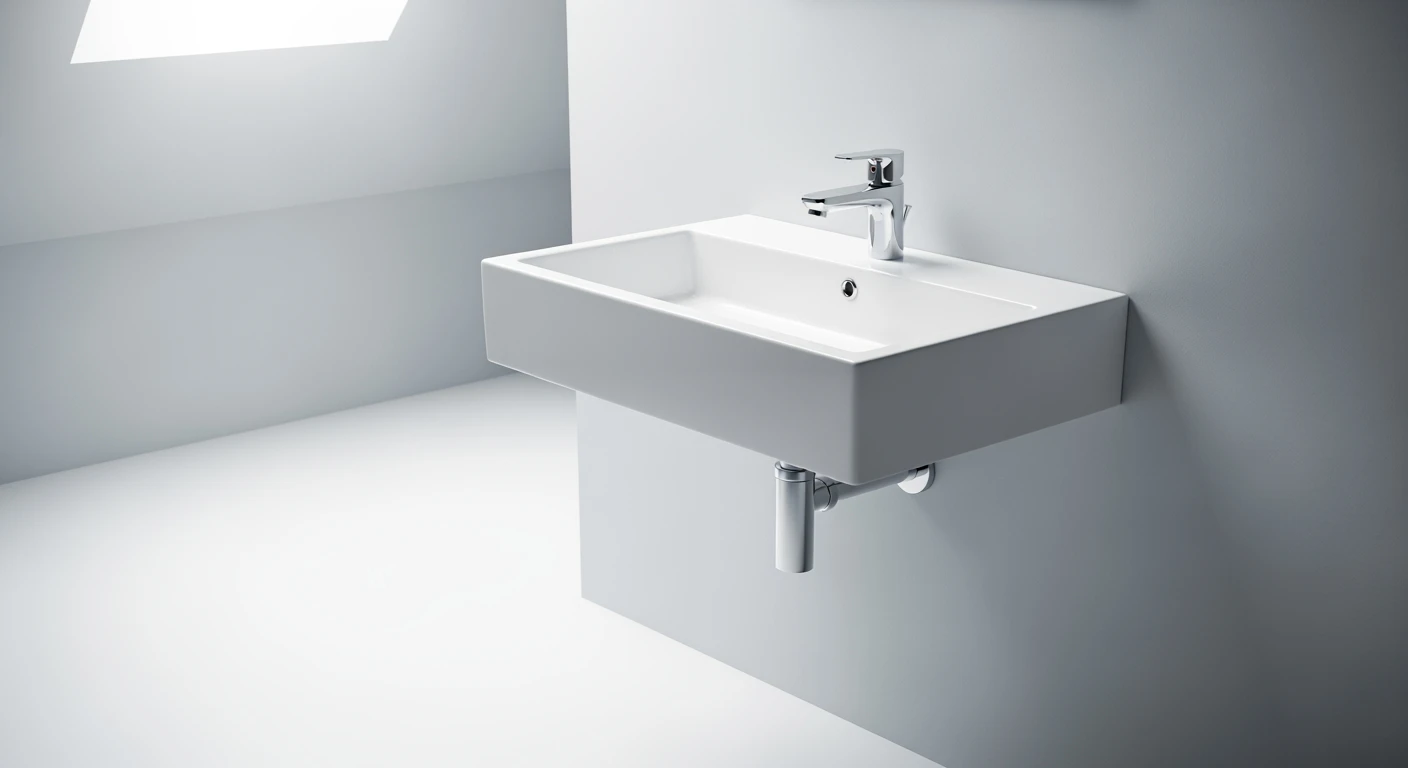 Moderne badkamer met strakke wastafel wandmontage van wit keramiek en chromen kraan.