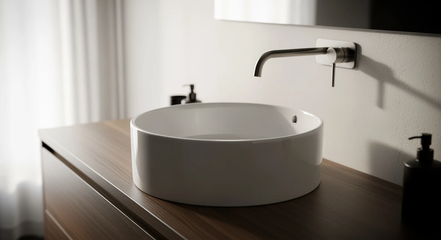 Moderne badkamer met witte waskom op donker houten blad. Strak design en spa-achtige sfeer.