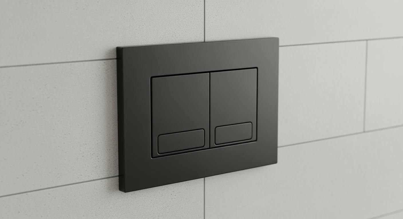 Mat zwart bedieningspaneel toilet op een stijlvolle, lichtgrijze tegelwand.