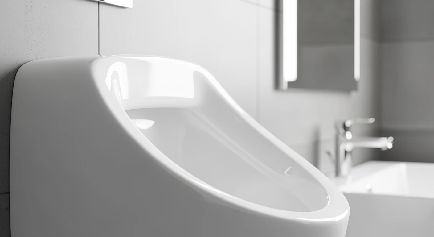 Modern wit urinoir in strakke badkamer. Hygiënisch en minimalistisch design.