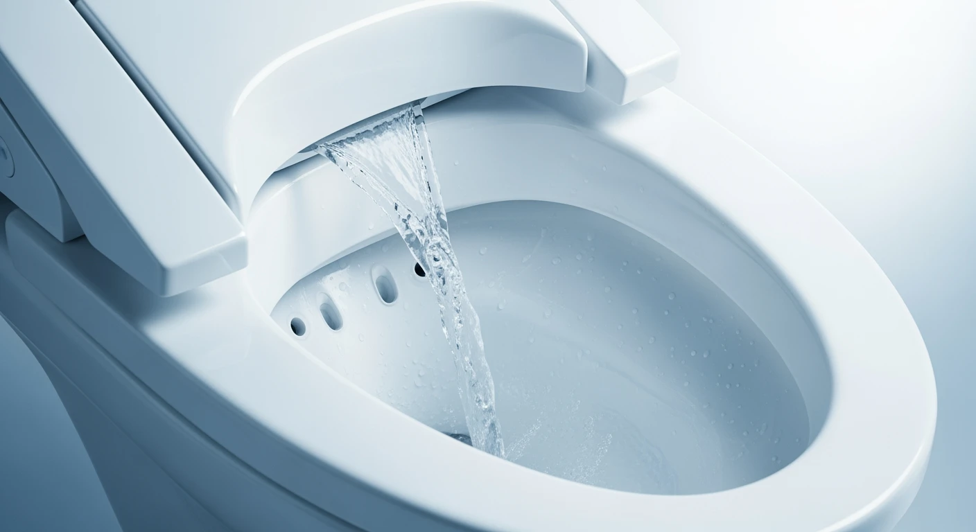 Randloos toilet spoelt. Close-up van de hygiënische, randloze toiletpot met krachtige waterstroom.