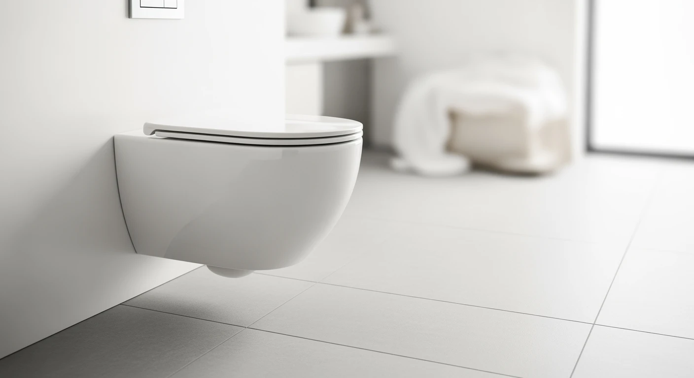 Modern badkamer interieur met een strak, wit hangend toilet. Gemakkelijk schoon te maken vloer.