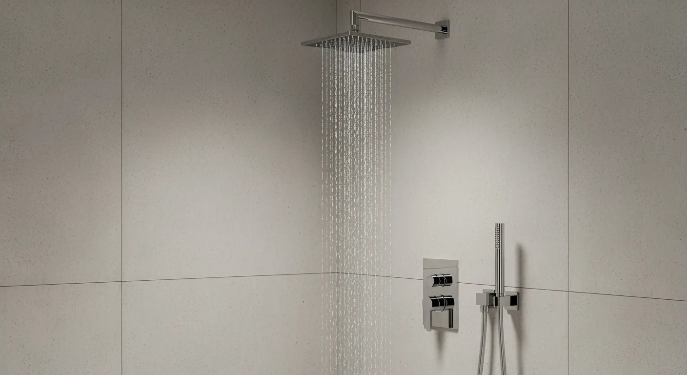 Lichtgrijze douche achterwand in betonlook creëert moderne, naadloze douchehoek.