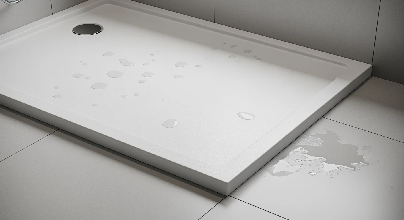 Moderne douchebak van polystone, close-up. Schone, witte bak versus tegelvloer met waterdruppels.