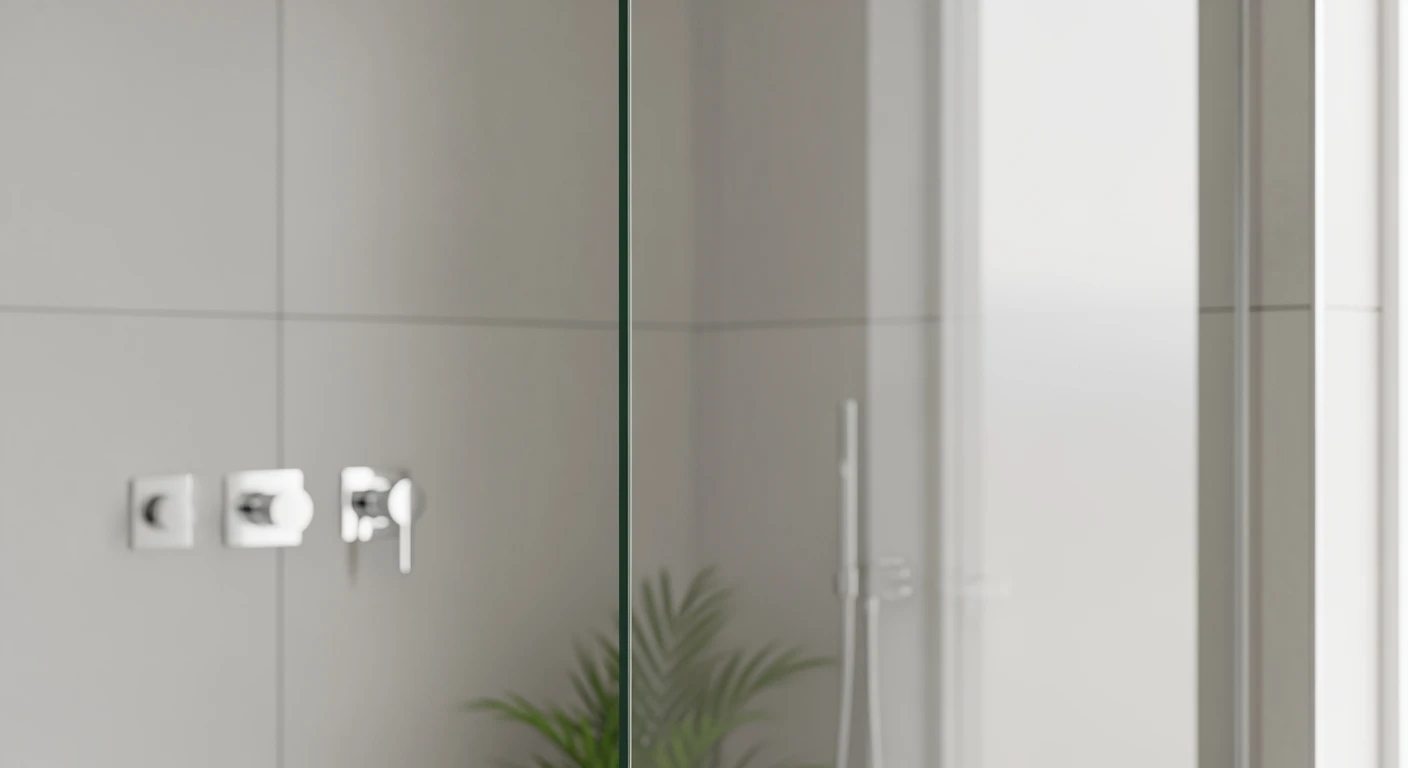 Moderne badkamer met heldere douche zijwand en minimalistische chromen details.