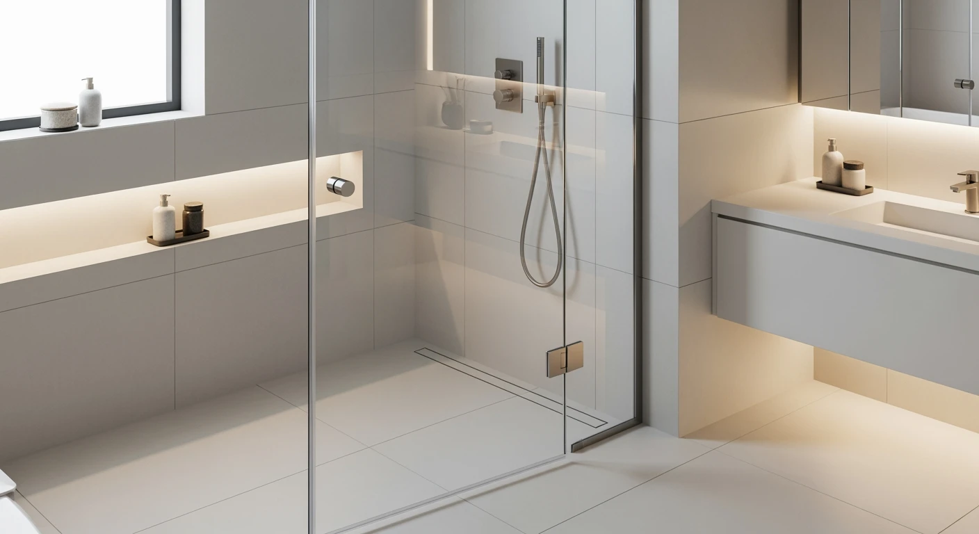 Moderne badkamer met heldere glazen douchedeur als stijlvol middelpunt.