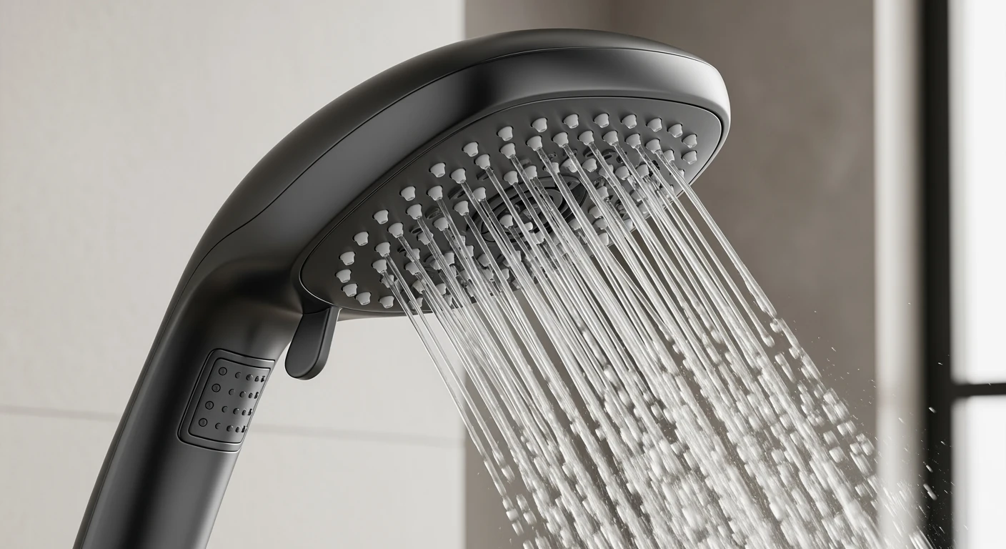 Strakke zwarte douchekop in close-up. Waterdruppels vangen het licht. Moderne douchekop voor een verfrissende douche.