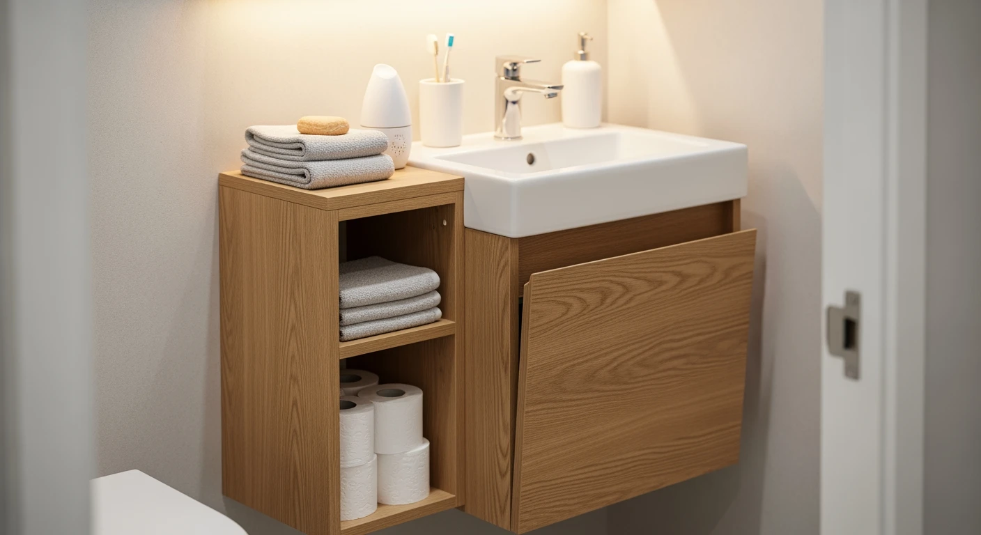 Stijlvol toiletmeubel in lichte eik. Compact design met wastafel en opbergruimte voor een georganiseerd gastentoilet.