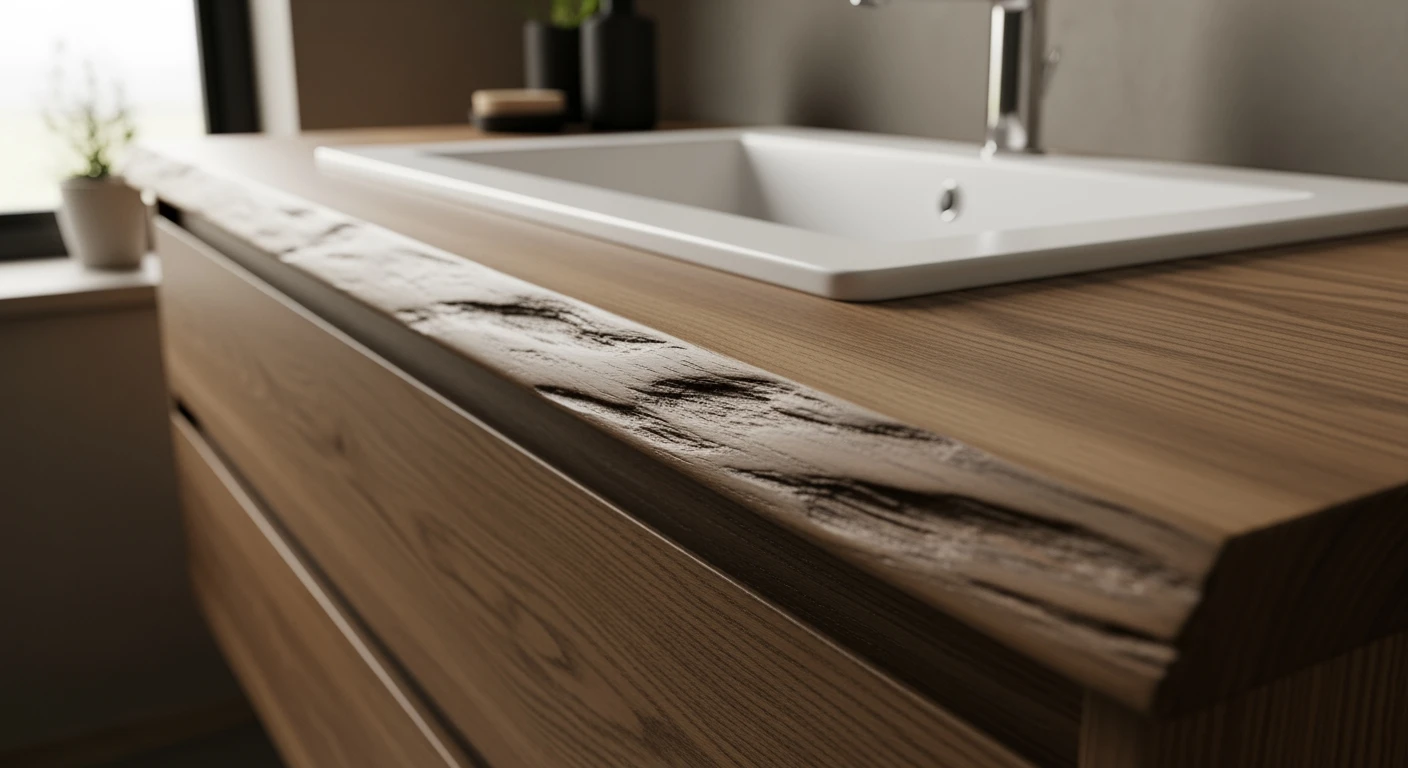 Donker eiken wastafelblad met witte waskom. Prachtig houtnerf detail.