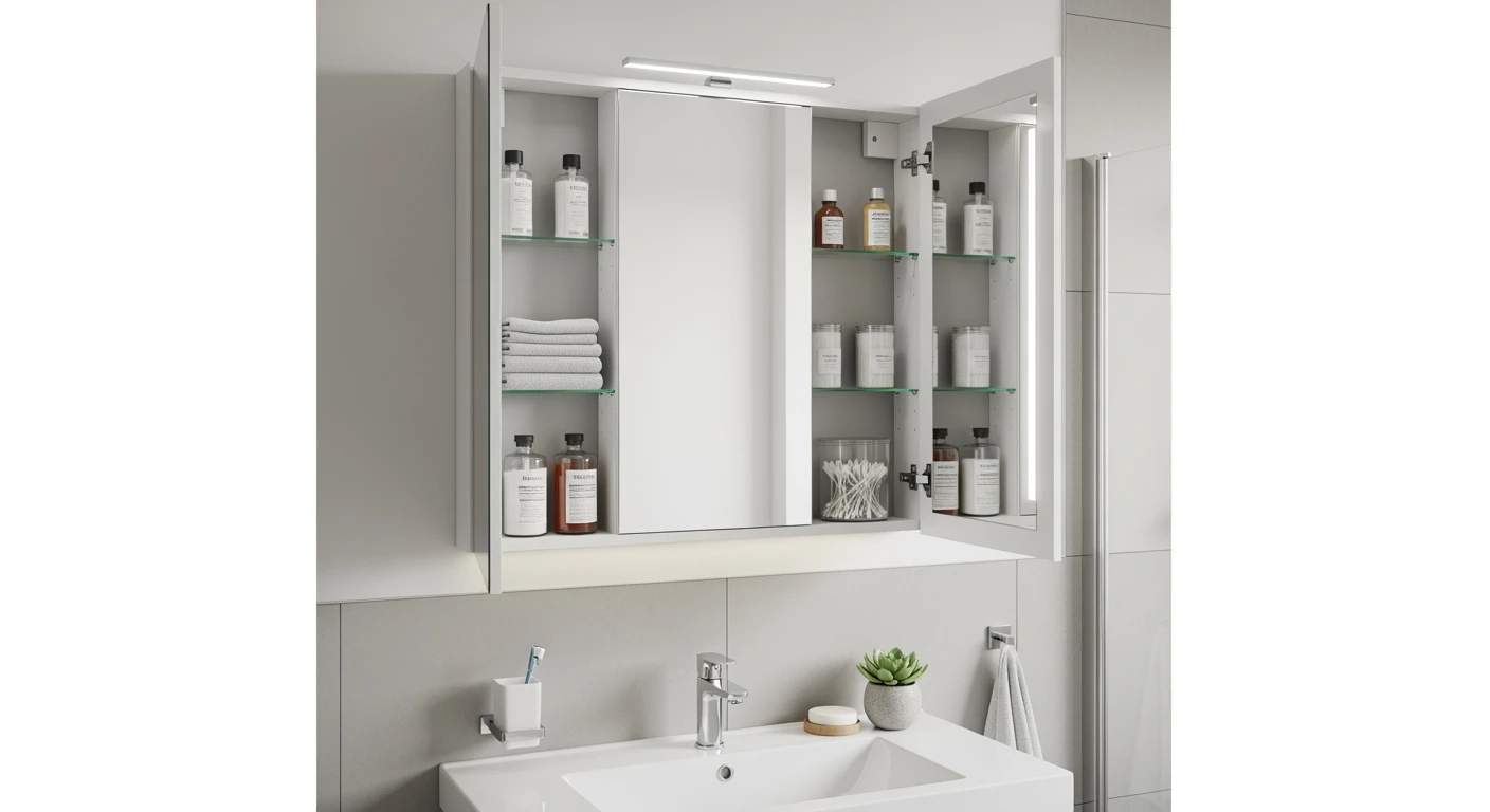 Stijlvolle Vicco Roy spiegelkast (60cm) in witte badkamer. Open kast toont handige opbergruimte.