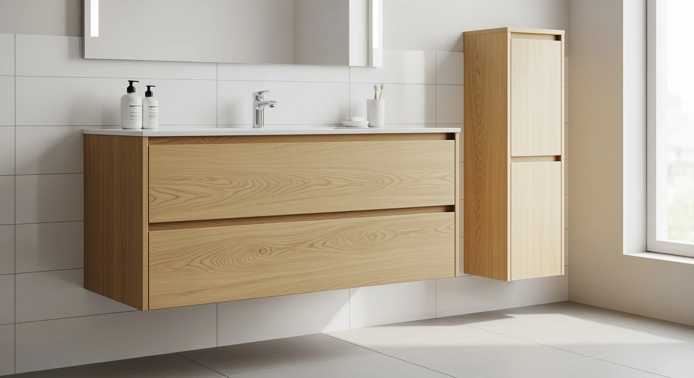 Moderne badkamerkast in licht eikenhout zwevend aan witte muur. Stijlvol en ruimtebesparend.