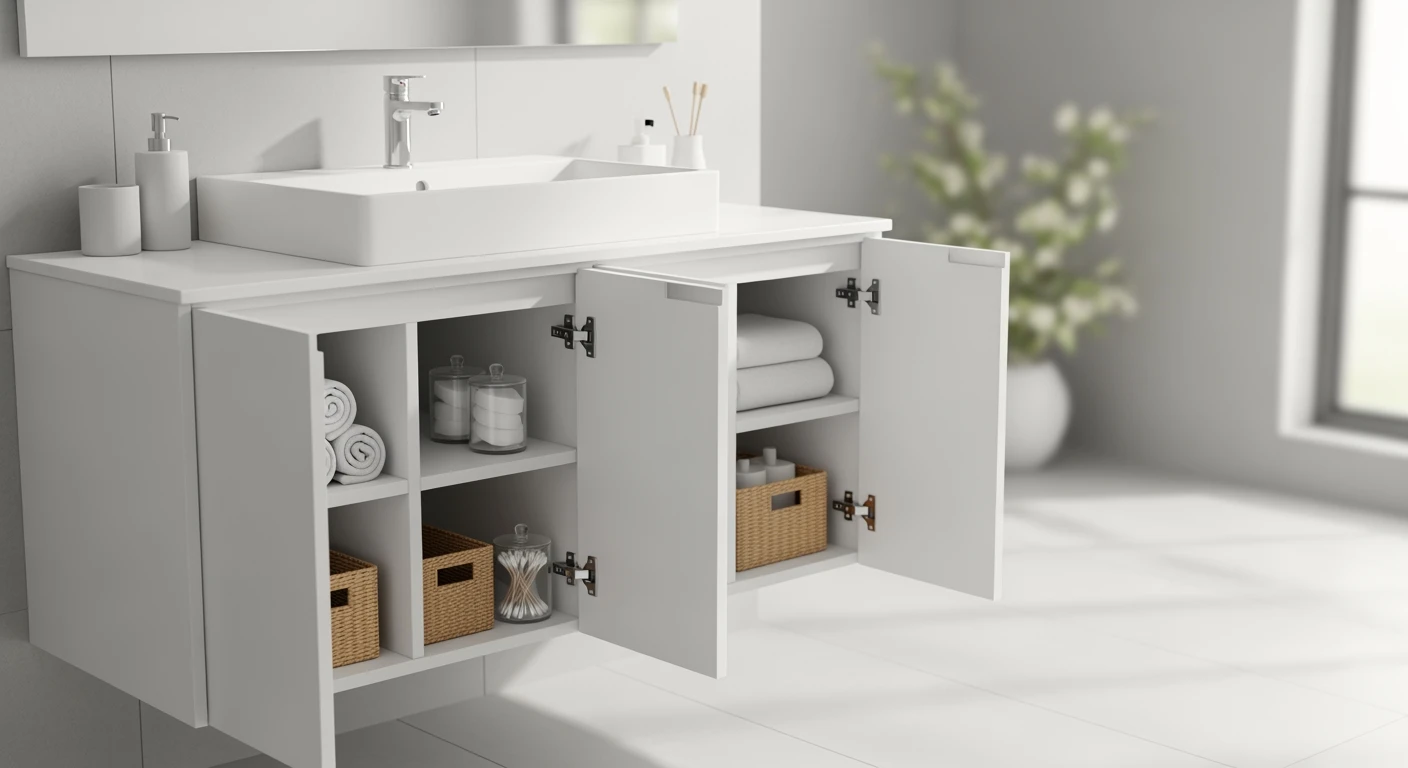 Wastafelonderkast: minimalistische badkamer met witte zwevende kast en georganiseerde spullen.