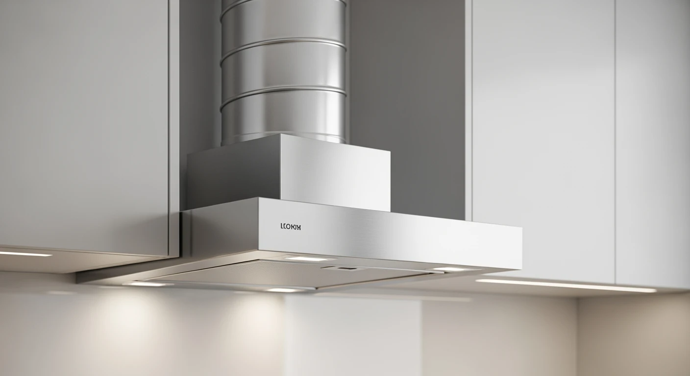 Moderne luchtafvoer in een strakke keuken. RVS afzuigkap elegant weggewerkt.