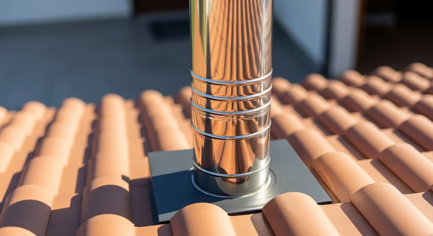 Rookafvoer pelletkachel: RVS rookkanaal door terracotta dak. Veilig en modern.