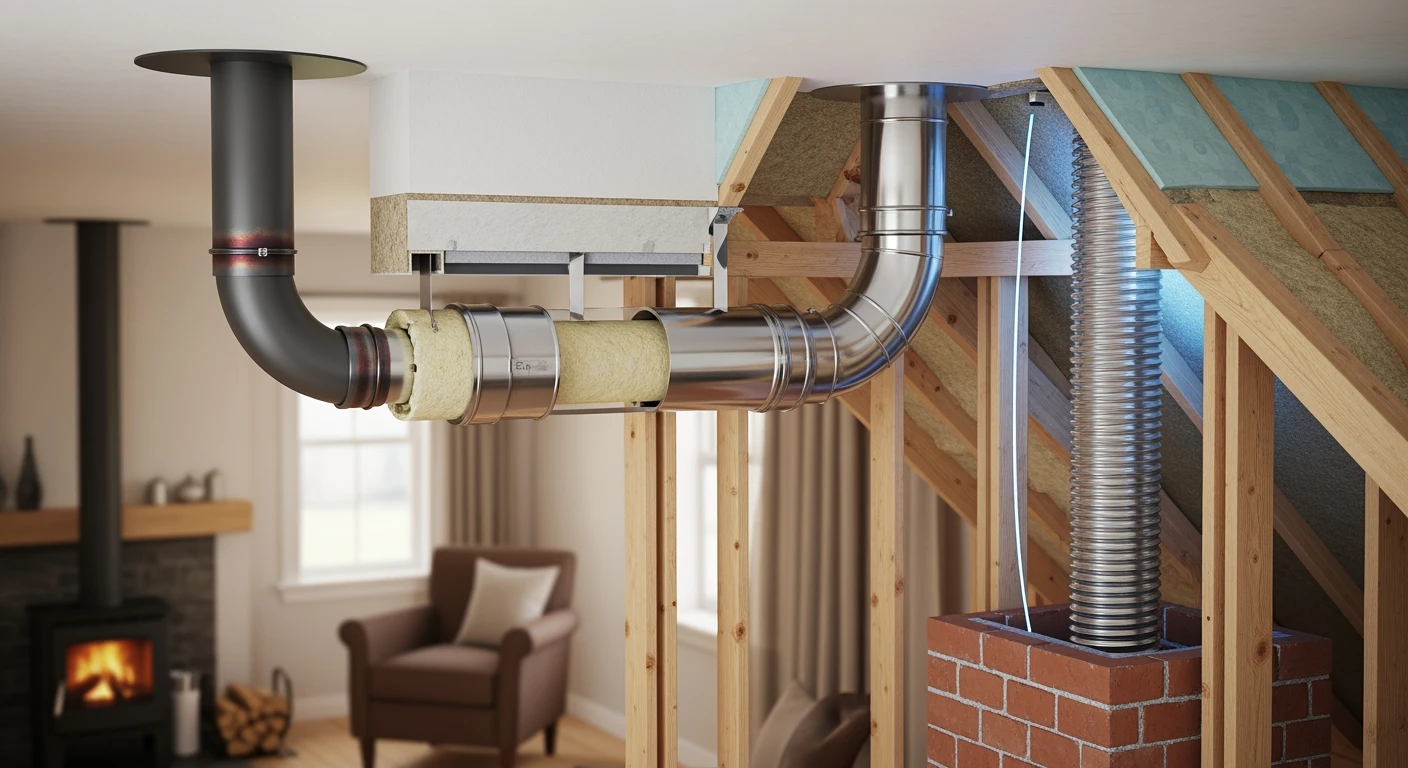Rookafvoer houtkachel: Doorsnede van een veilige, geïsoleerde schoorsteen in een woonhuis.