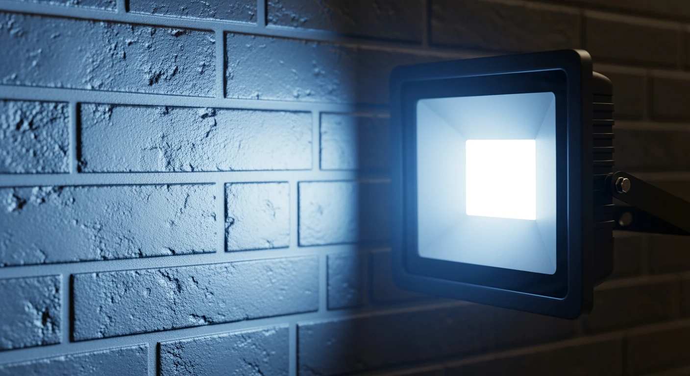 Zwarte LED schijnwerper verlicht bakstenen muur. Krachtige LED schijnwerper met helder, koel wit licht.