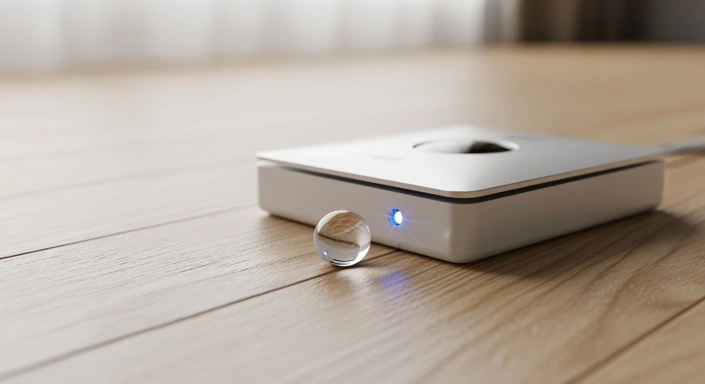 Watermelder detecteert een waterlek op een houten vloer. Een enkele druppel is zichtbaar.