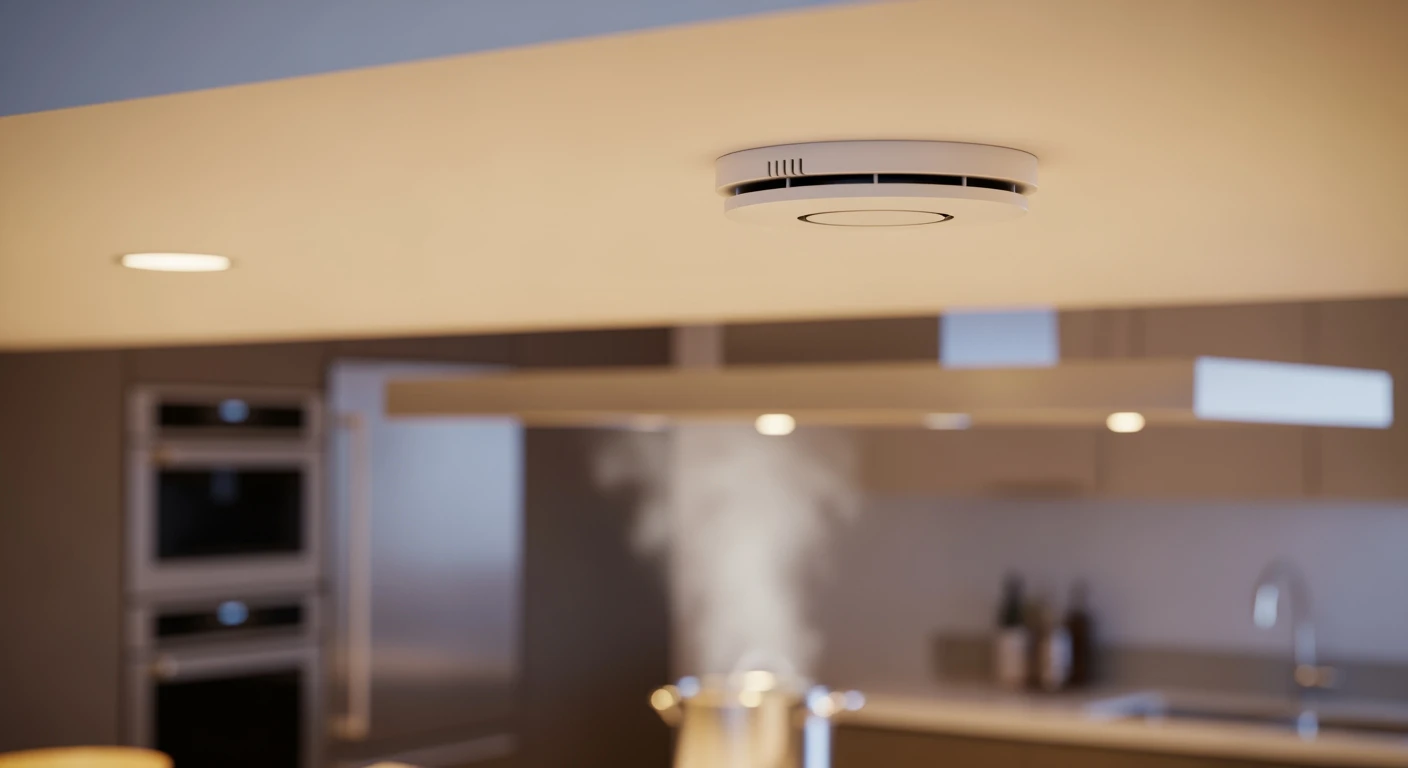 Hittemelder aan keukenplafond. Moderne detector voor veiligheid in huis.