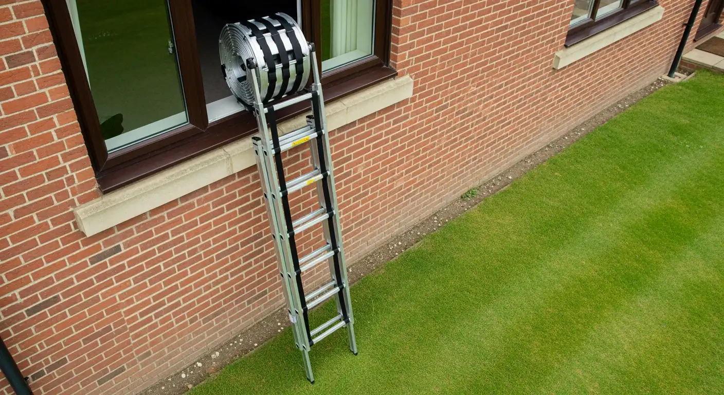Brandladder rolt uit raam voor veilige ontsnapping uit huis.
