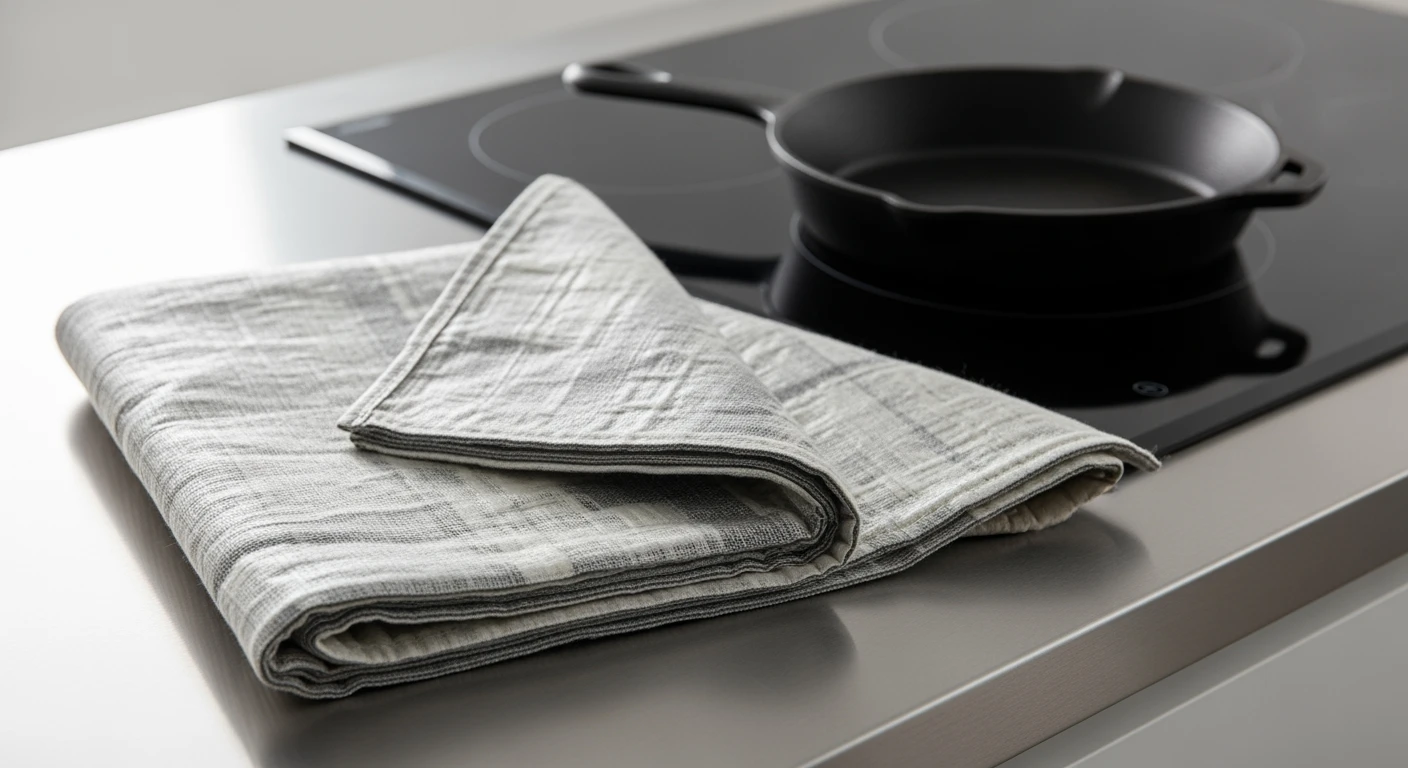 Blusdeken, gedeeltelijk uitgevouwen op een aanrecht, klaar voor gebruik bij kleine keukenbranden.