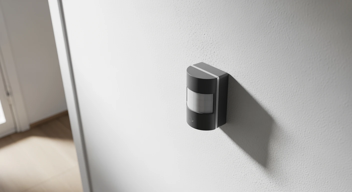 Moderne bewegingsmelder gemonteerd op een witte muur. Strak design voor beveiliging en gemak.