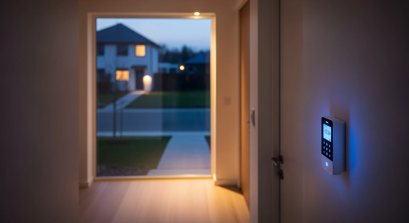 Modern alarmsysteem beveiligt een minimalistisch huis in de schemering. Sleutelpaneel straalt veiligheid uit.