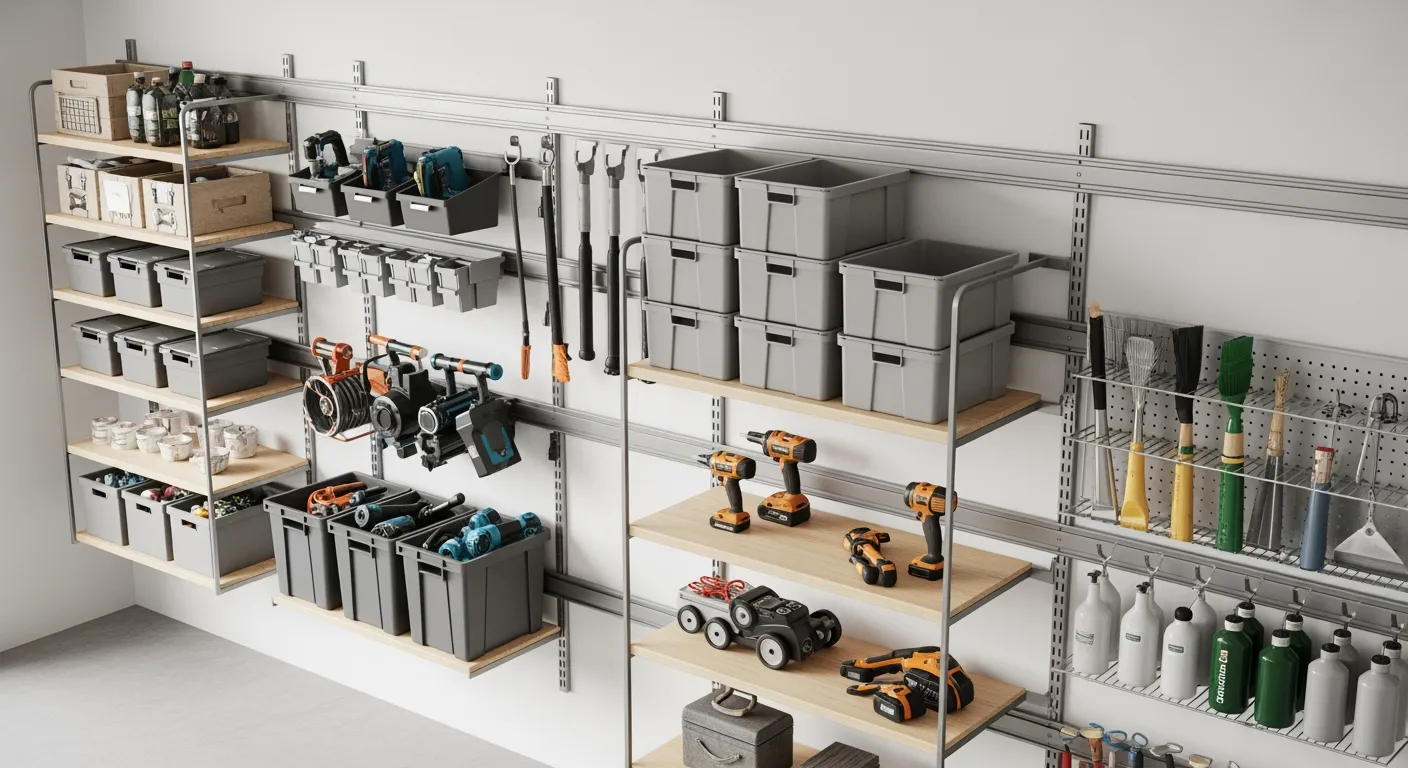 Wandrailsysteem garage: georganiseerde opslag met modulaire wandrekken.
