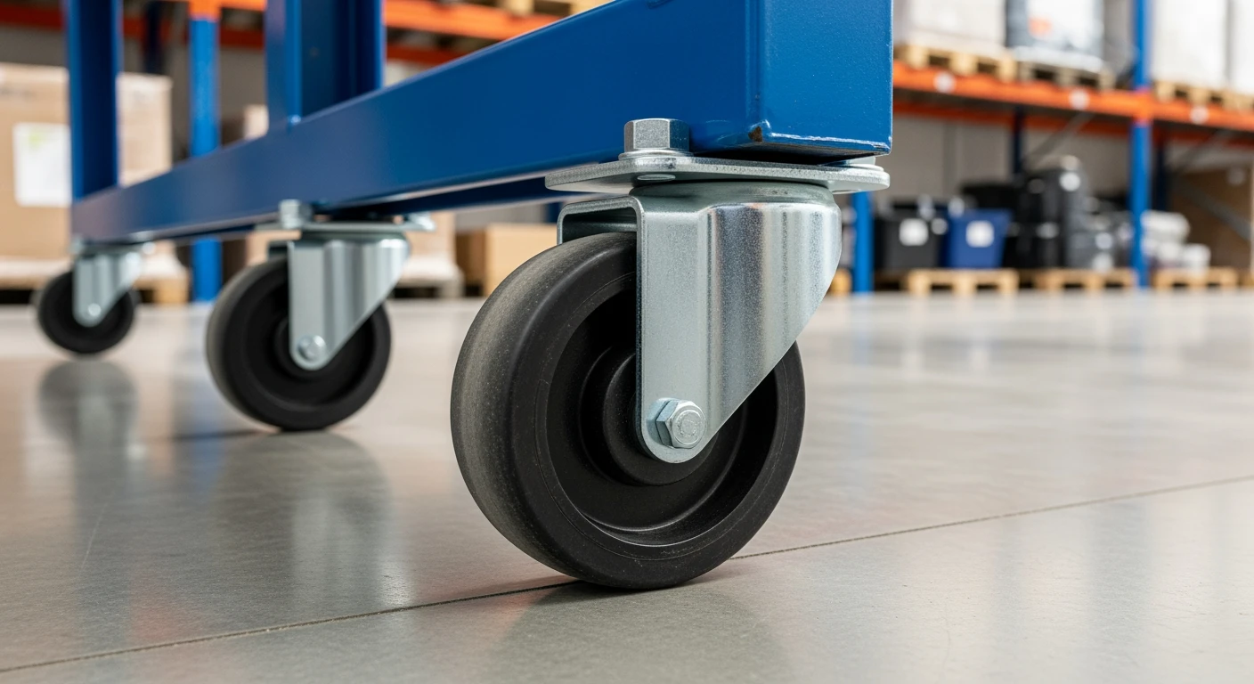 Bokwielen gemonteerd op een blauwe werkbank in een industriële omgeving.