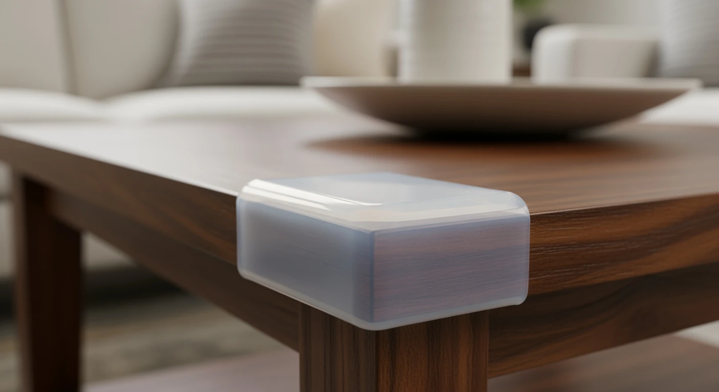Tafelhoek beschermer: Transparante siliconen hoekbeschermer op donkere houten tafel.