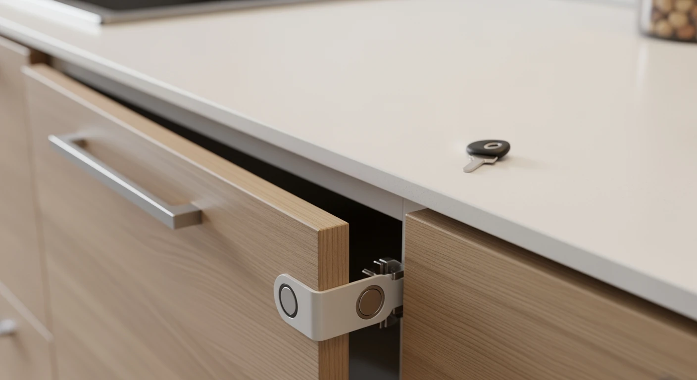 Kinderslot kasten: Magnetisch slot gemonteerd op een moderne keukenkast voor kindveilige opslag.