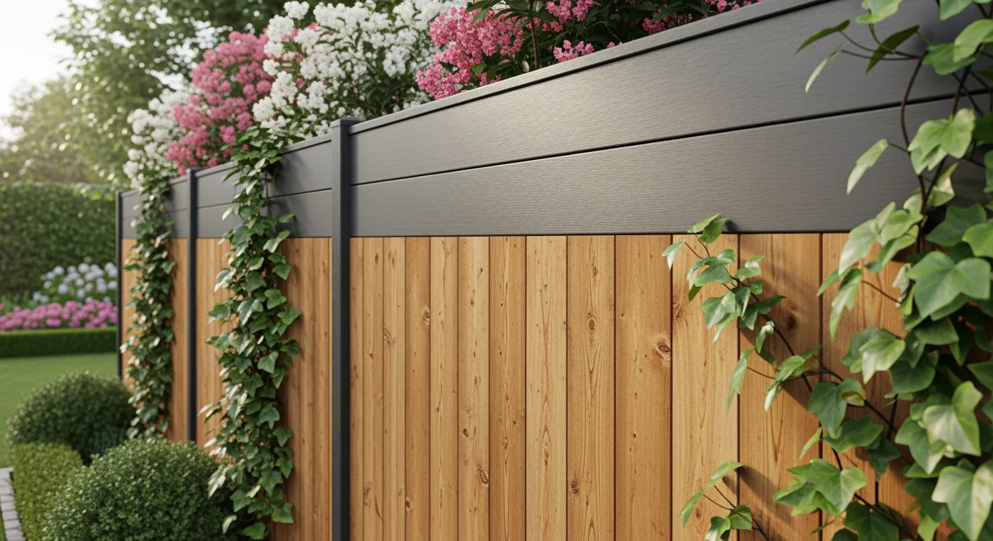 Tuinhek van hout en composiet, omgeven door groen. Duurzaam en stijlvol.