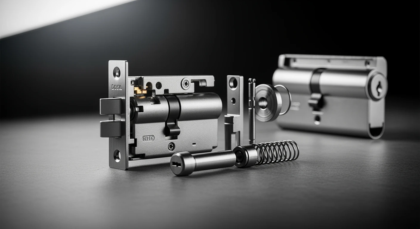 Insteekslot: Close-up van interne mechanismen, cilinder, bout en veren.