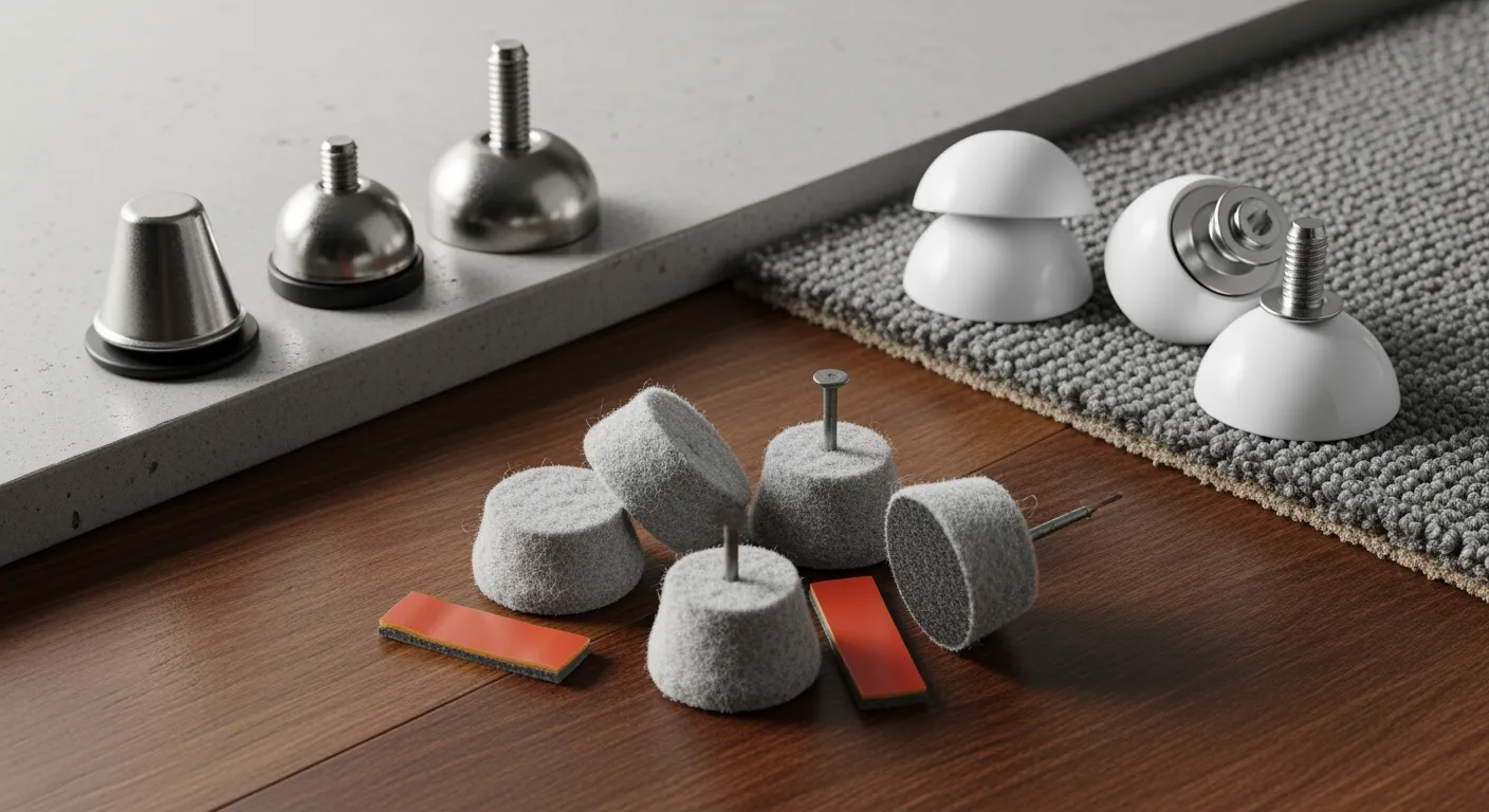 Glijnagels: Close-up van vilten, teflon en metalen meubelglijders op verschillende oppervlakken.