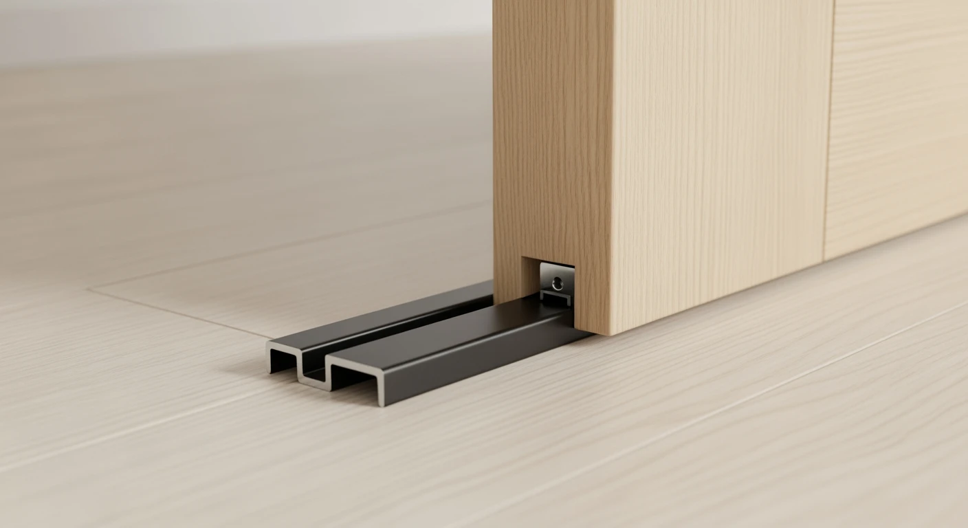 Zwarte vloergeleider schuifdeur (T-profiel) gemonteerd op laminaat. Stabiliseert schuifdeur.