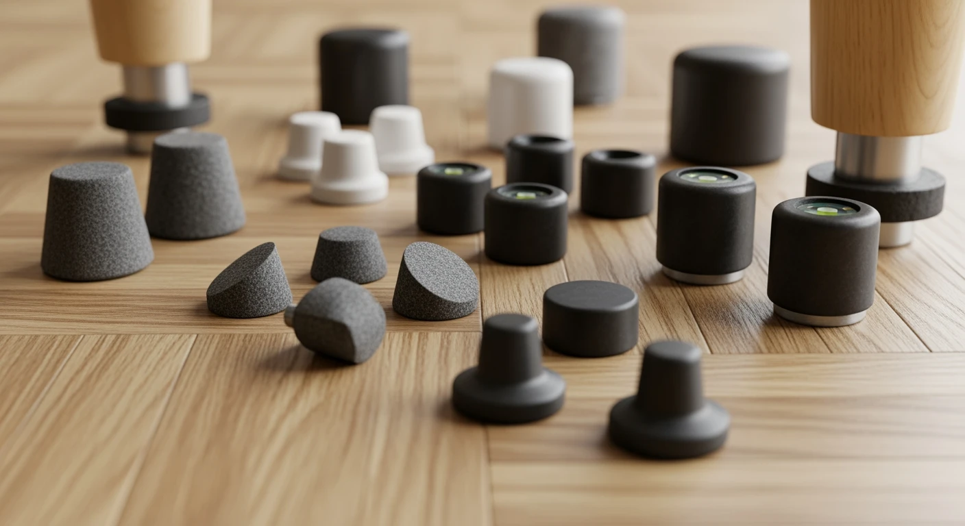 Meubeldoppen: Diverse soorten beschermdoppen op parketvloer, zoals vilt, teflon en rubber.