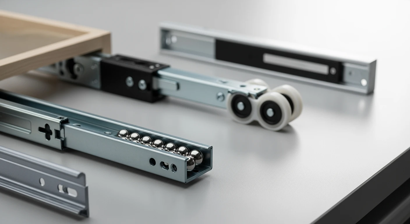 Ladegeleiders: Close-up van verschillende types, inclusief kogel-, rol- en soft-close systemen.