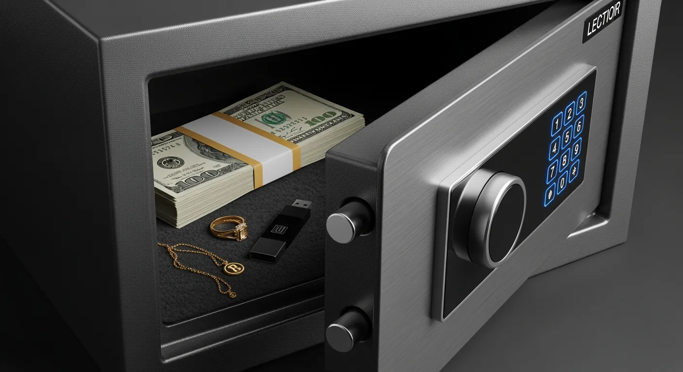 Moderne kluis, gedeeltelijk open, met geld, sieraden en USB-drive. Bescherm uw waardevolle spullen met een goede kluis.