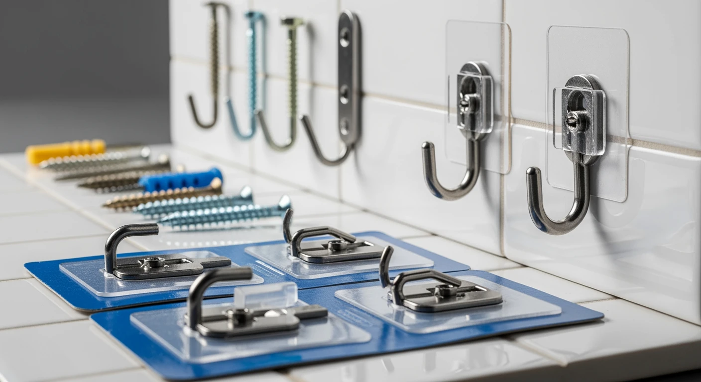 Diverse ophanghaken: zelfklevend en traditioneel, voor elke klus.