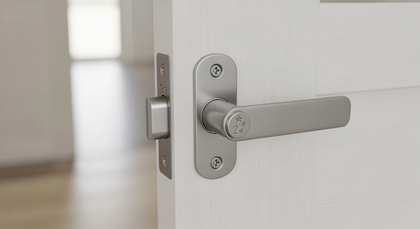 Kierstandhouder RVS op witte deur. SKG** keurmerk zichtbaar. Beveiliging en design.