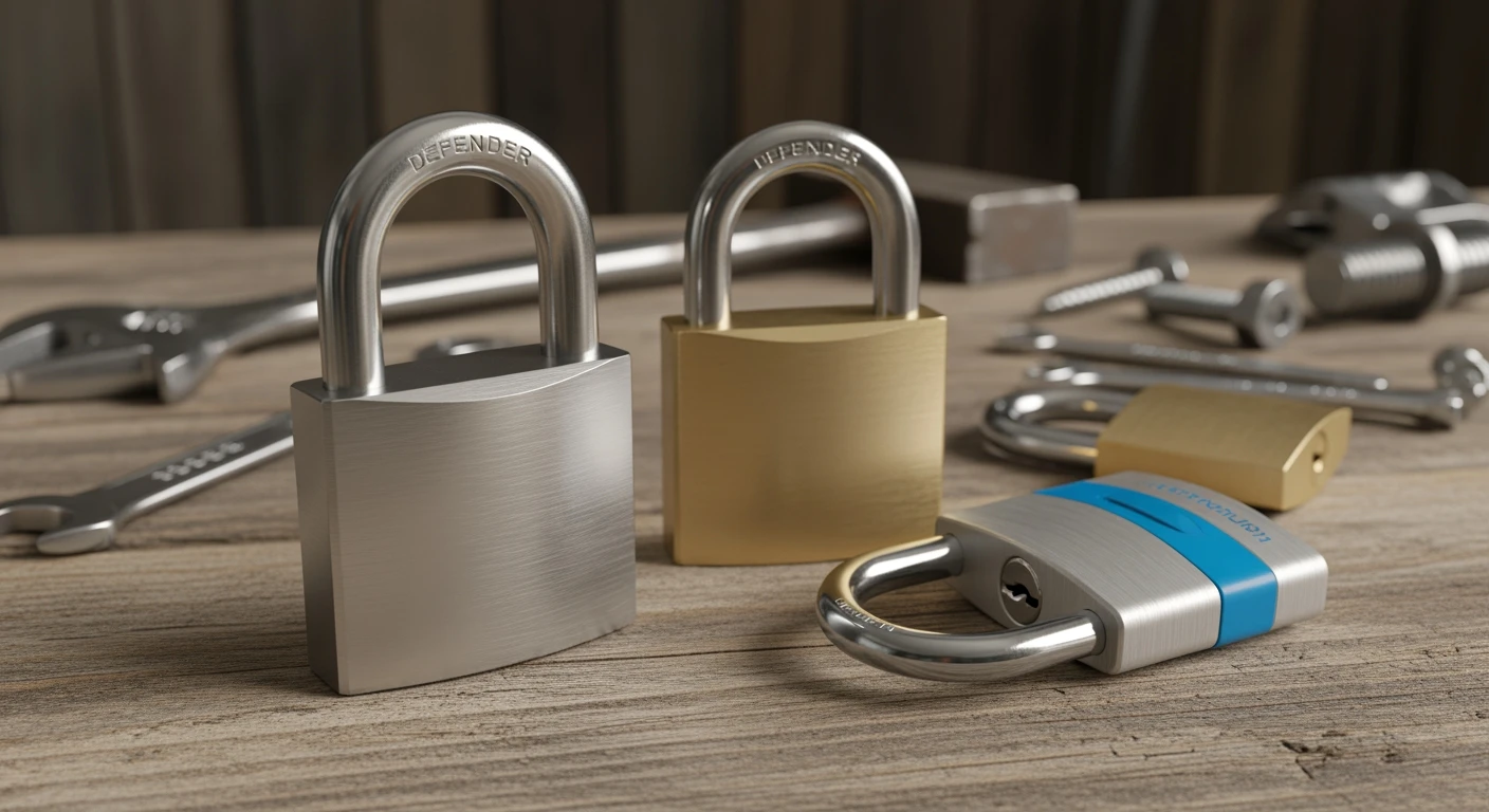 Hangslot: Drie robuuste hangsloten (staal, messing, aluminium) op verweerd hout.