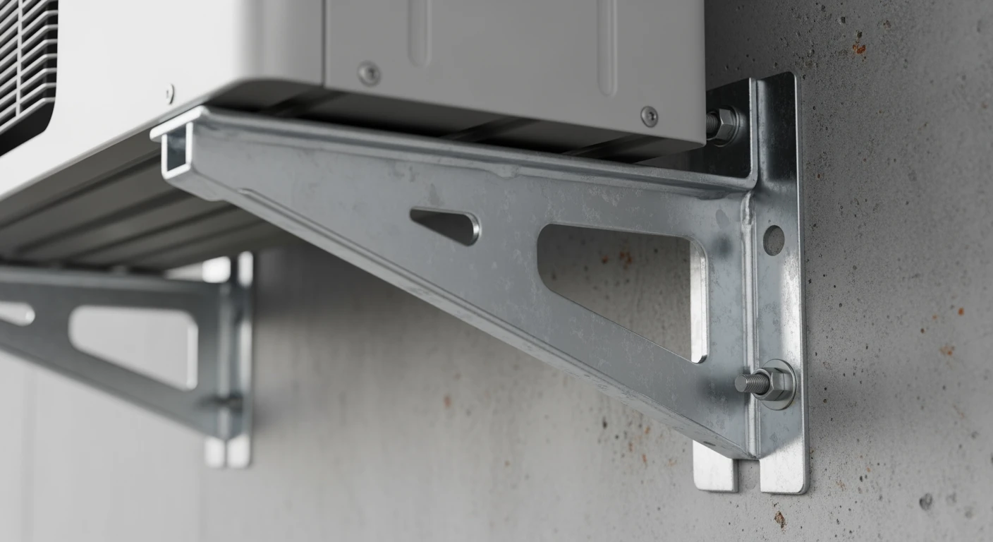 Robuuste montage beugel bevestigd aan betonnen muur. Sterk en betrouwbaar.