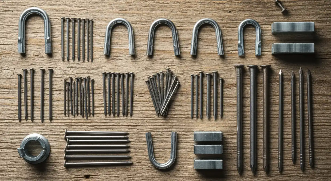 Diverse spijkers en nagels, waaronder draadnagels en krammen, overzichtelijk gerangschikt.