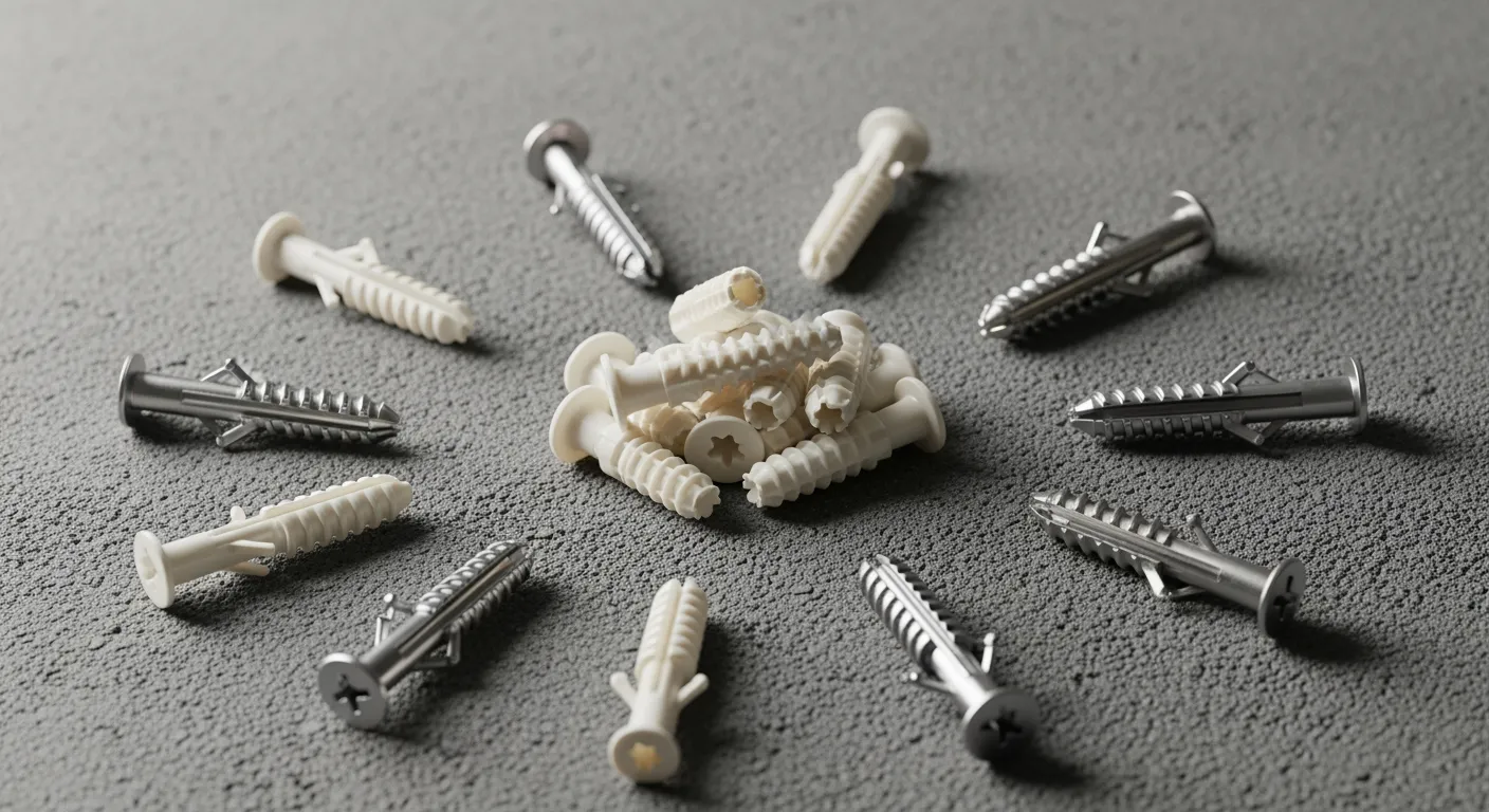 Diverse **pluggen** (nylon, hollewand) op beton. Close-up productfoto voor stevige bevestiging.