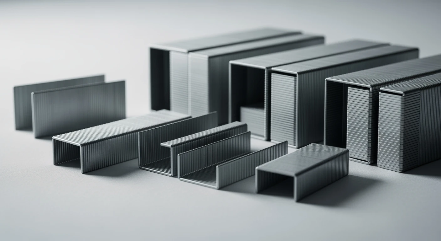 Diverse **nietjes** (24/6, 24/8, No. 10) uitgestald. Close-up productfoto met focus op vorm en metaalglans.