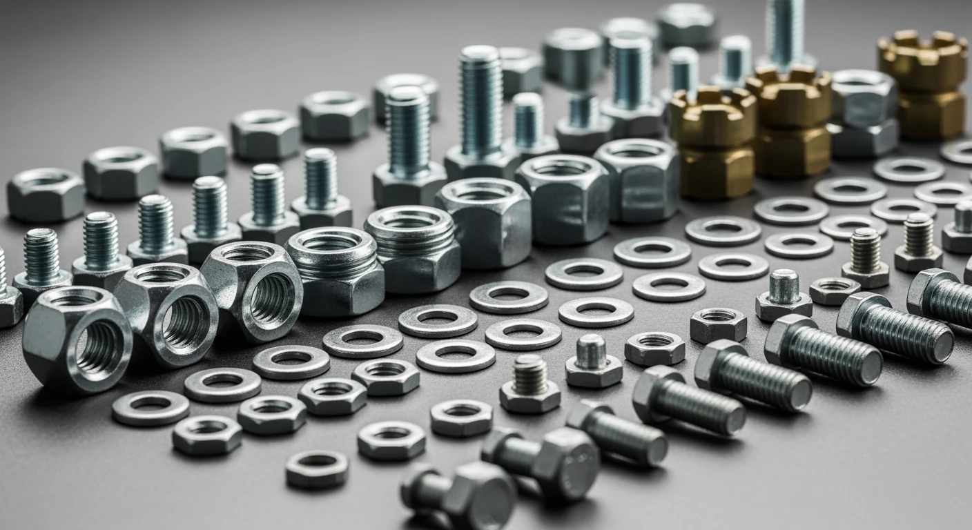 Diverse moeren: hex, nyloc, en castle nuts van staal, gegalvaniseerd en messing, georganiseerd op een werkbank.