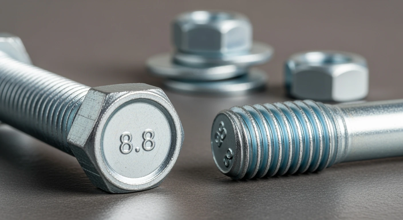 Bout: Close-up van diverse bouten, moeren en ringen. Focus op M8 zink-plated hex bout (DIN 933).