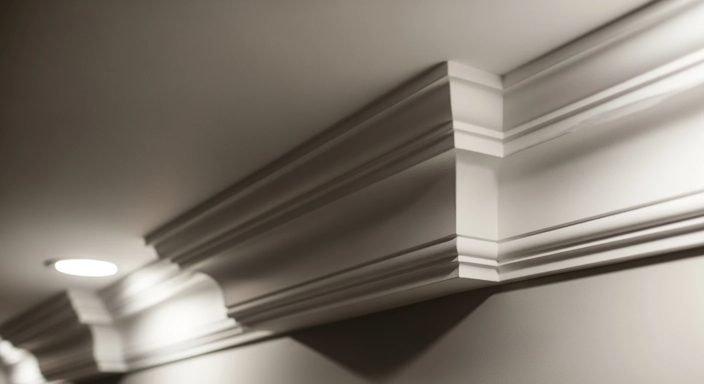 Witte sierlijsten (Orac Decor PX117) verbinden muur en plafond elegant. Verfijnde details en zachte belichting.